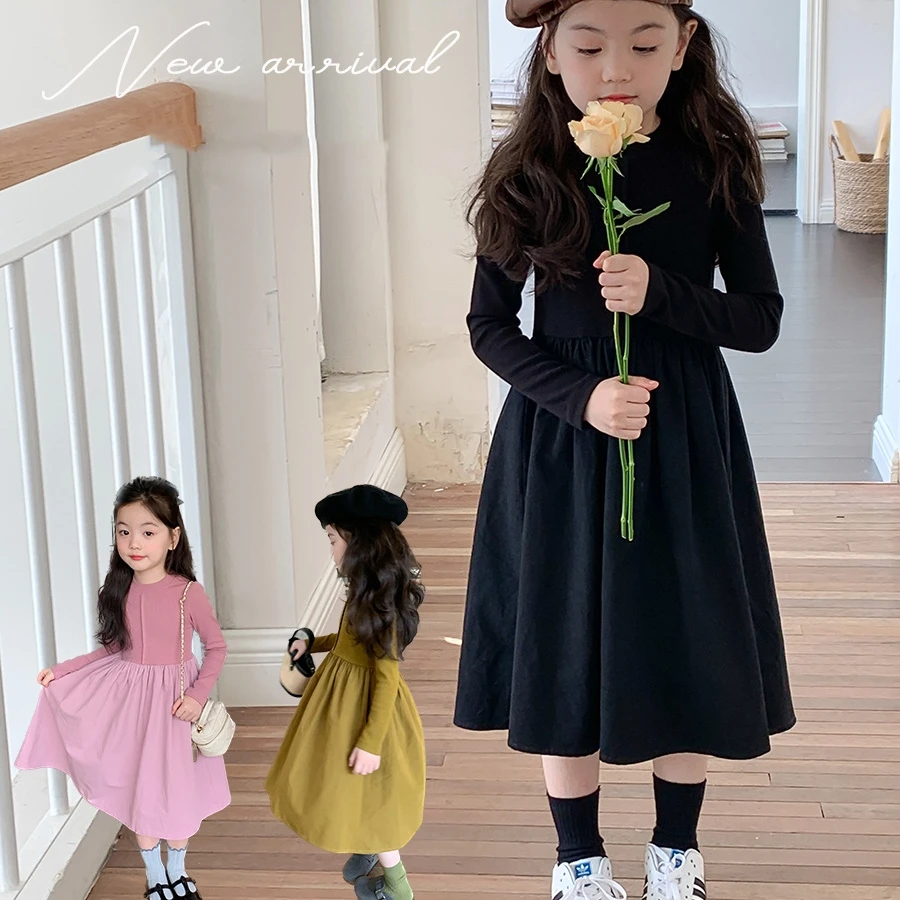 Baby Dekleta' korejski Barva Slim Fit Princesa Obleko za Otroke Jeseni in Pozimi Princesa Moda Mozaik Dnu Obleke