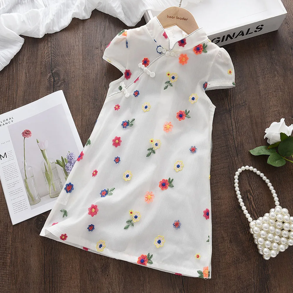 Kitajski Slog Izrezanka Obleko novo Novo Poletje Baby Dekle Moda Obleke Vezeni Cvetlični Trdna Obleke Otroci Obleke za Dekleta